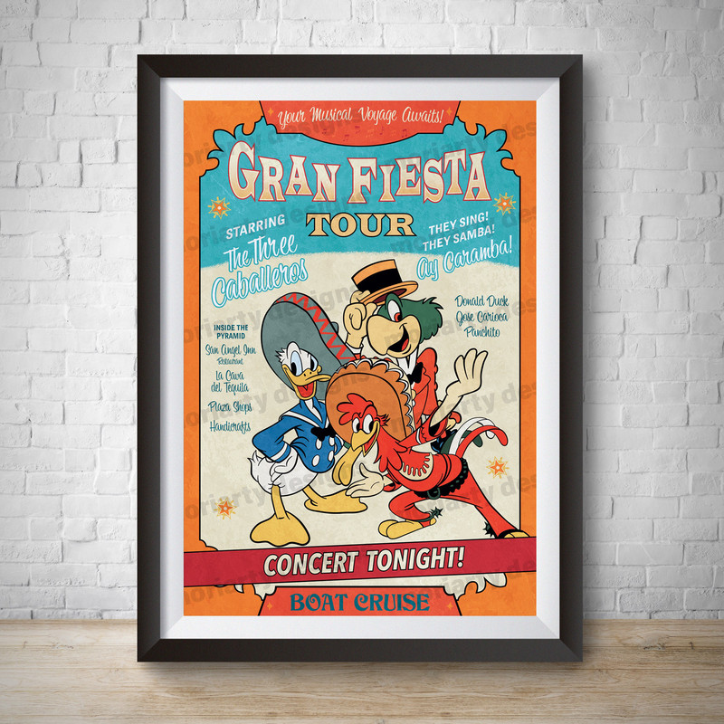 Three Caballeros Ride Disney World Vintage Disney Poster Print Nursery Attraction Poster, Vector Art Gran Fiesta Tour Wall Art Kids Bedroom.jpg
