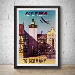 vintage travel poster germany fly twa vintage advertisement hand drawn poster wall art airline ad travel poster vintage
