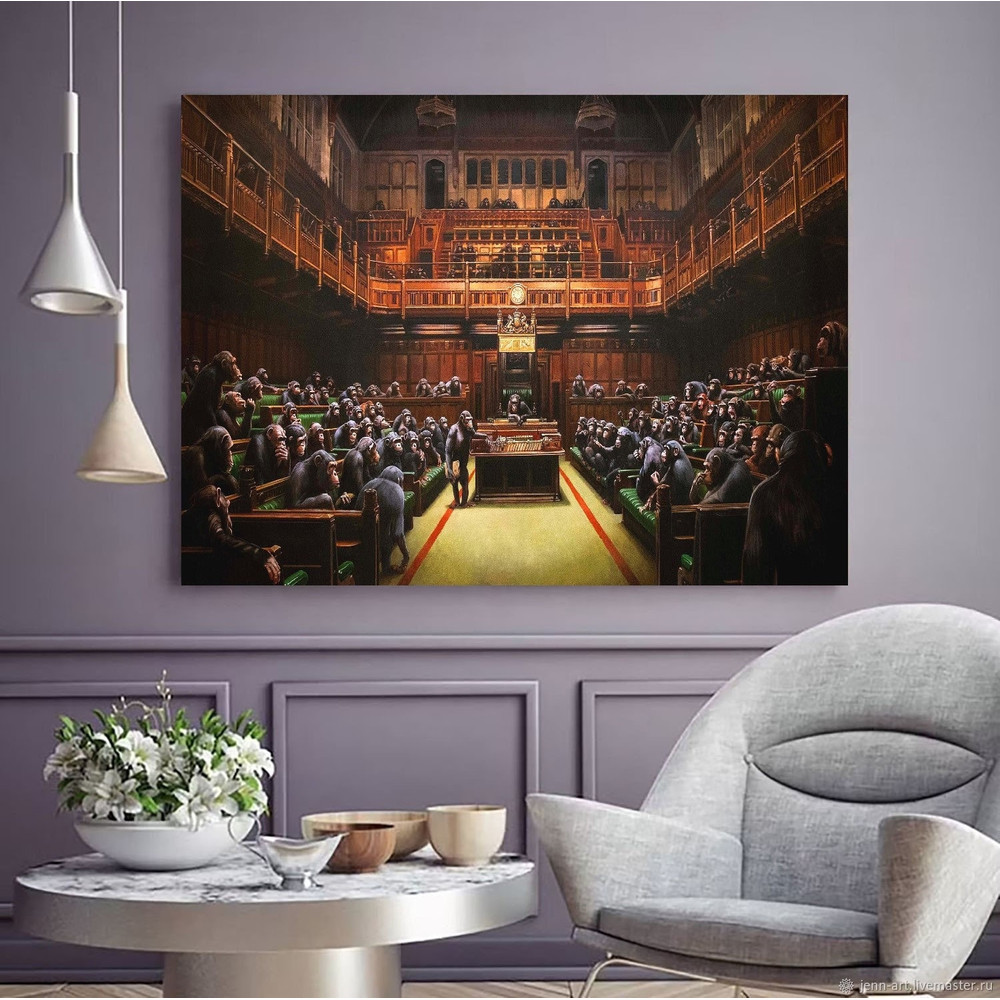 Banksy Chimps Houses Of Parliament Canvas Wall Art Modern Canvas Wall ArtExtra Large Canvas Art Mural Urban Devolved Parliament Canvas Art.jpg
