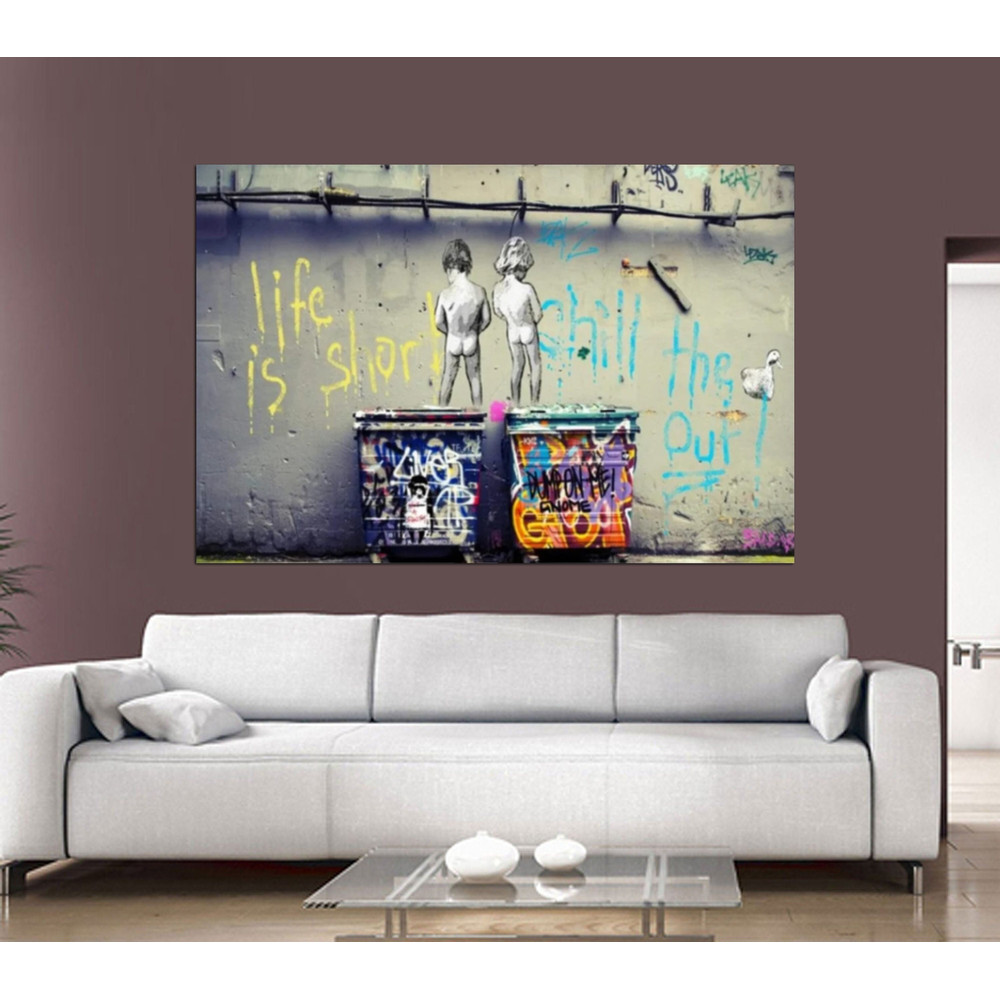 Banksy Peeing Boys Life Is Short Chill The Duck Out Wall Art Canvas Print, Banksy Graffiti Street Art, Wall Art Framed and Ready to Hang.jpg