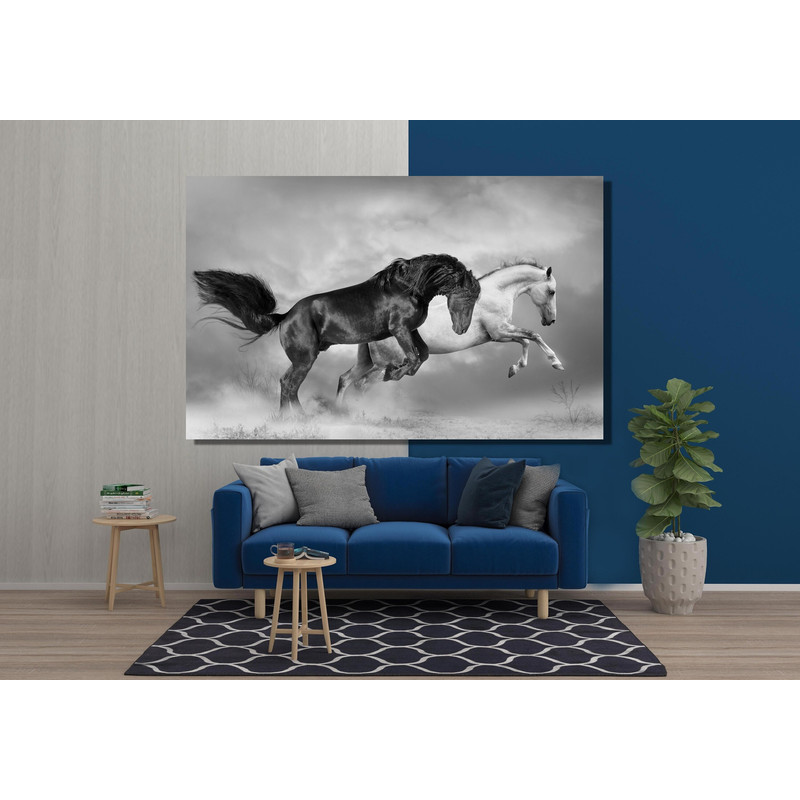 Black And White Horse Racing Poster Print, White Horses Poster Print, Black Horse Canvas, Horses Running Poster, Two Horses Running Canvas.jpg