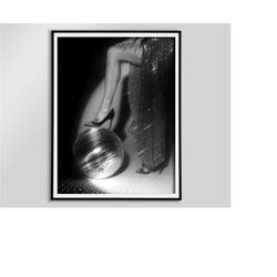 high heels woman on disco ball poster, black