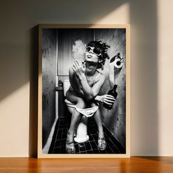 smoking girl on toilet black and white canvas poster, wall art decor, home decor, no frame