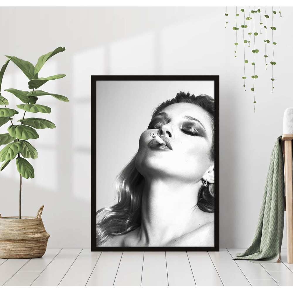 Kate Moss Smoking Black & White Vintage Retro Photography Celebrity Fashion Girls Room Wall Art Decor Feminist Poster Canvas Framed Printed.jpg