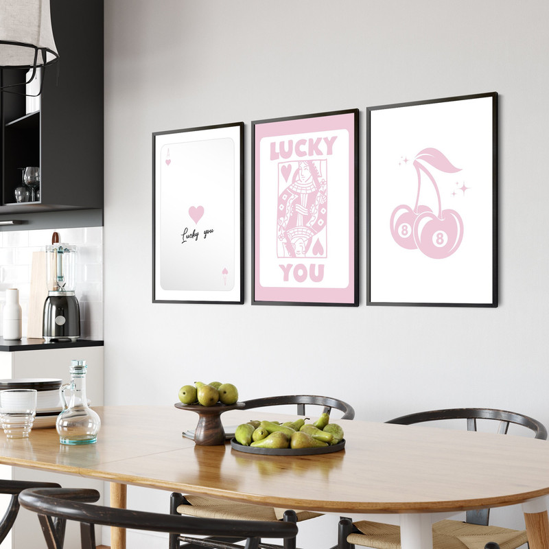 Lucky You Set of 3 Queen of Hearts Playing Card Poster Bar Cart Print Retro Boho Decor Blush Pink Funny Minimalistic Wall Art Canvas Framed.jpg
