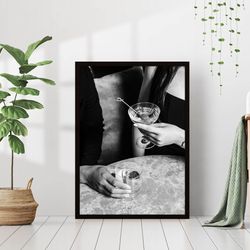 Martini Cocktail Drink Black and White Photography Vintage Luxury Canvas Framed Bar Pub Tavern Trendy Wall Art Decor Alc