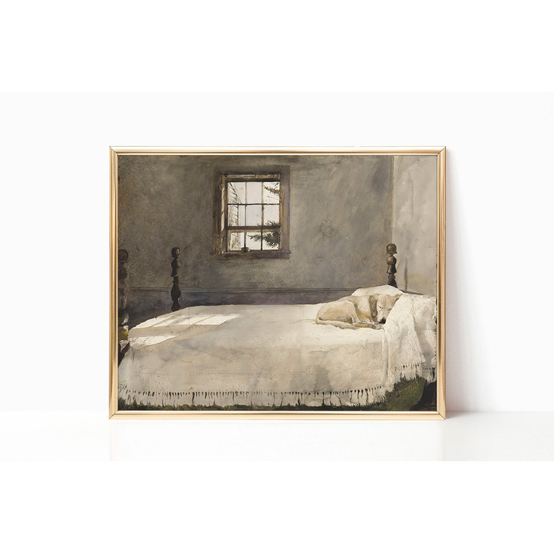 Master Bedroom by Andrew Wyeth Dog Sleeping in Bed Giclee Canvas Print Poster Framed Watercolor Painting Vintage Victorian Wall Art Decor.jpg