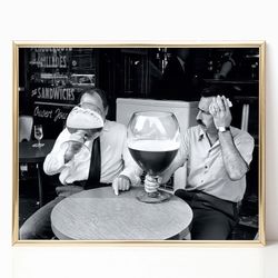 Men Drinking Beer Black and White Vintage Photography Wall Art Wine Beer Lover Gift Canvas Framed Bar Cart Decor Bartend