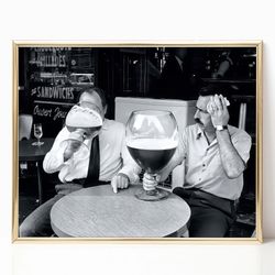 men drinking beer black and white vintage photography wall art wine beer lover gift canvas framed bar cart decor bartend