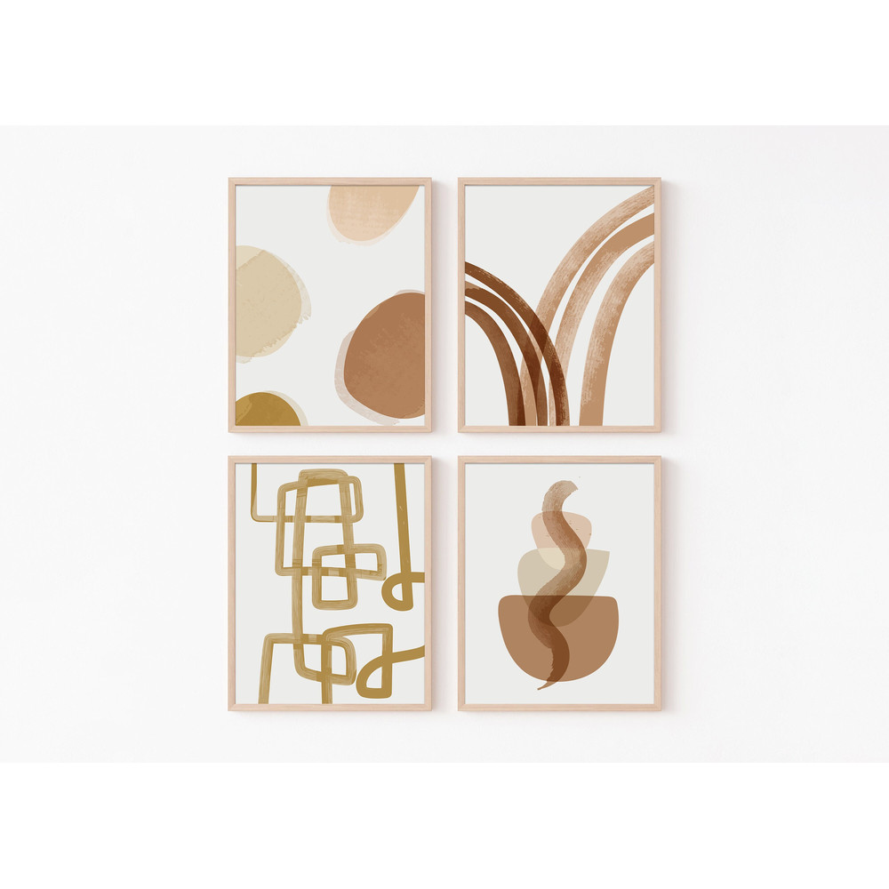 Minimalistic Boho Set of 4 Abstract Geometric Soft Ivory Beige Cream Coffee Rust Decor Gallery Wall Line Art Canvas Framed Printed Poster.jpg