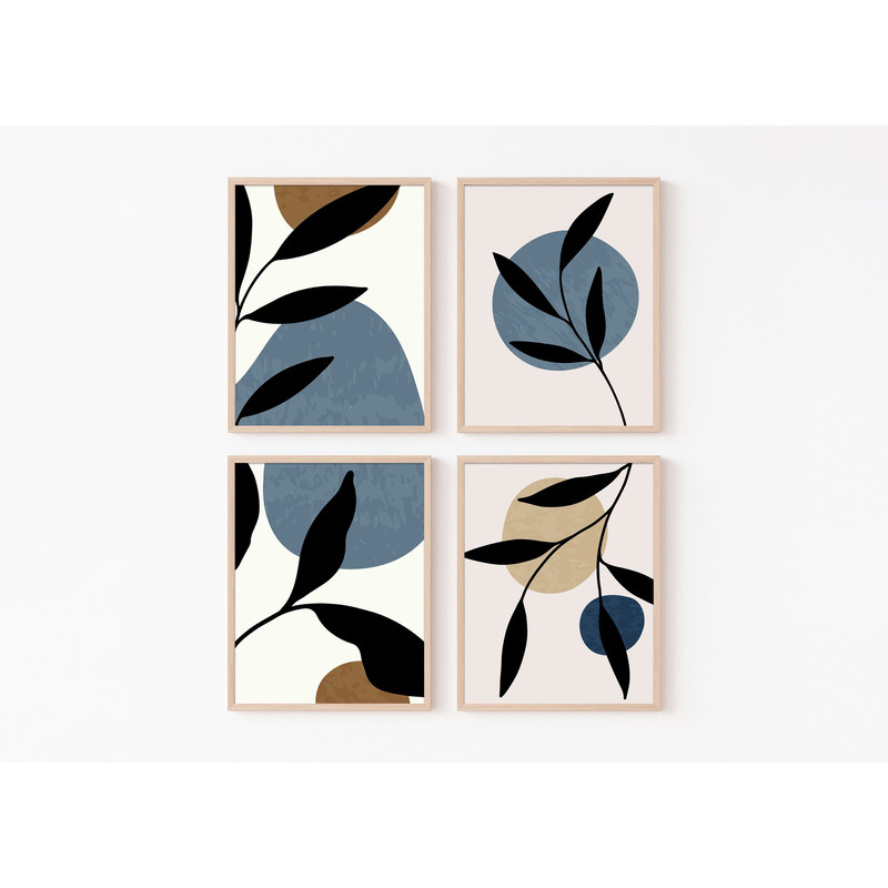 Minimalistic Leaves Set of 4 Abstract Geometric Boho Cream Ivory Blue Modern Trendy Living Room Decor Wall Art Canvas Framed Printed Poster.jpg