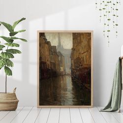 Muted Tone French Cityscape Vintage Landscape Painting Farmhouse Retro Neutral Living Room Wall Art Decor Canvas Frame P