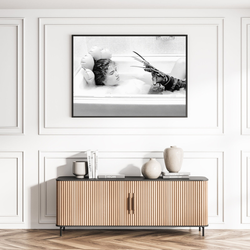 Nightmare on Elm Street Movie Poster Funny Restroom Wall Art Halloween Horror Bathtub Black & White Scary Photo Decor Canvas Framed Printed.jpg