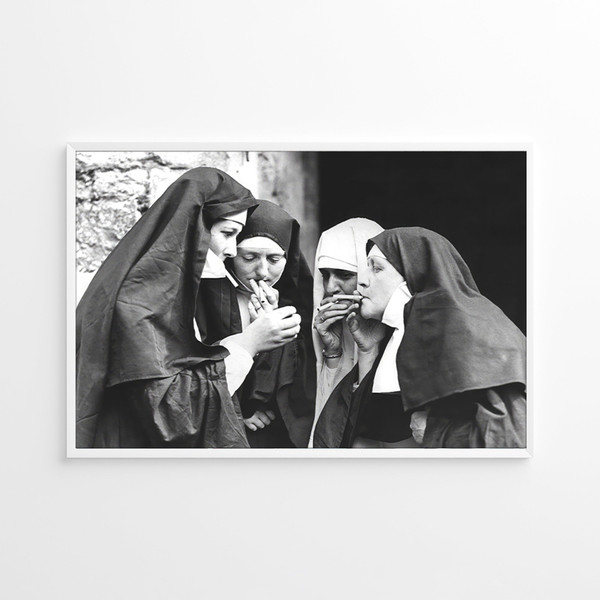 Nuns Smoking Cigarettes Black and White Vintage Retro Photography Wall Art Canvas Framed Poster Printed Wall Art Trendy High Resolution 1.jpg