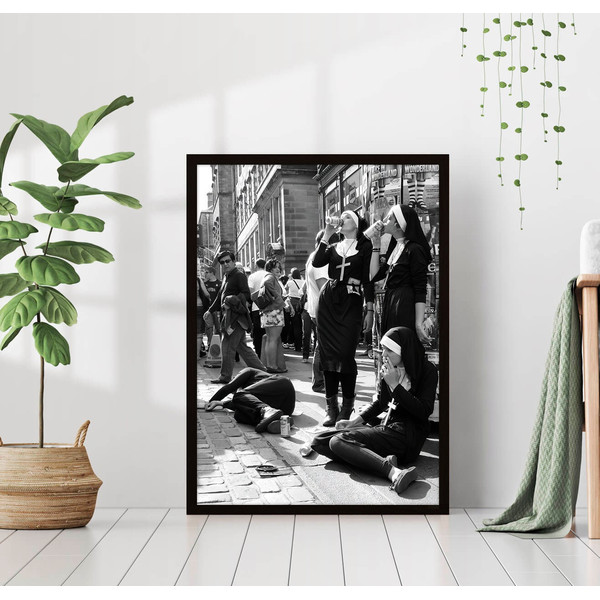 Nuns Smoking Cigarettes Black and White Vintage Retro Photography Wall Art Canvas Framed Poster Printed Wall Art Trendy High Resolution.jpg