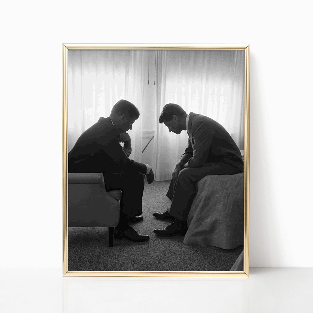 President John F. Kennedy with his Brother Robert Kennedy Poster Black and White Vintage Retro Photography Canvas Framed Room Wall Art Decor.jpg