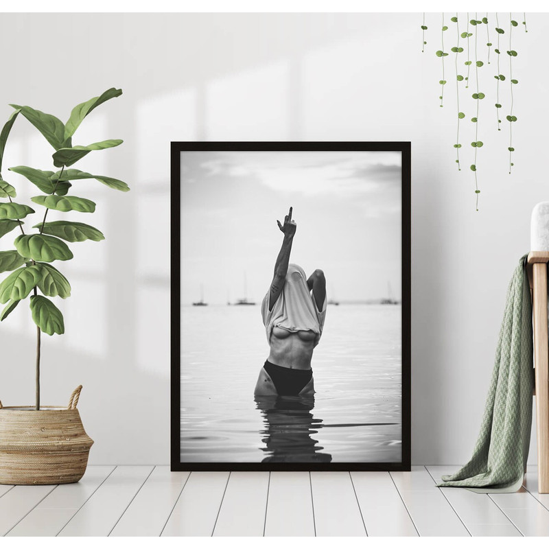 Sexy Woman Feminist Middle Finger Fashion Print Black & White Vintage Retro Stylish Photo Trendy Wall Art Bar Poster Canvas Framed Printed.jpg