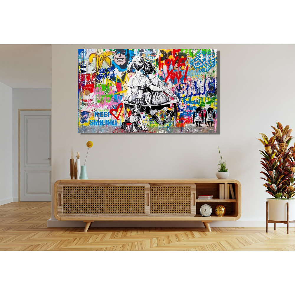 BANKSY Smiling Ready To Hang Canvas,Banksy Love Graffiti Framed Canvas,Couple Graffiti Wall Art,Gift for Lover,Heart Art,Keep Smiling Poster.jpg