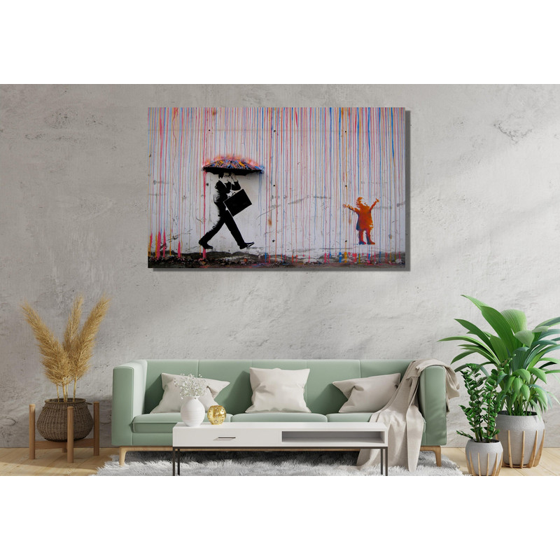 Banksy Under The Rain Ready To Hang Canvas,Banksy Umbrella Man Wall Art,Under The Rain Banksy,Banksy Color Rain Print,Banksy Rain Wall Decor.jpg