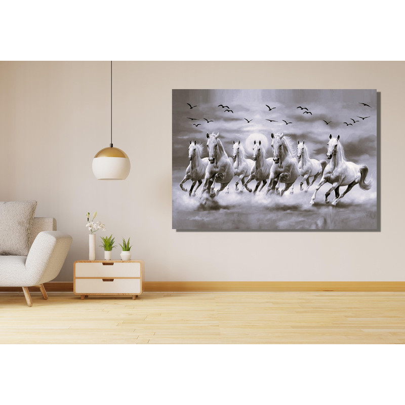 Black and White 7 Running Horses Ready To Hang Canvas, Seven Running White Horse Animals Canvas Print, Horse Wall Art,Black and White Horses.jpg