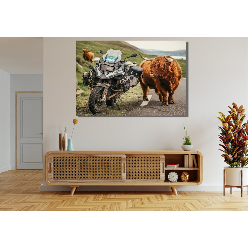 BMW GS 1200 Motorcycle and Scottish Highland Cattle Canvas Wall Art,Adventure Motobike Canvas Wall Art,Enduro Motorcycle Canvas Print Art.jpg