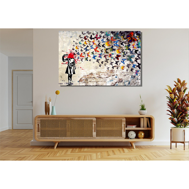 Butterfly Girl Headshot Ready To Hang Canvas, Banksy Head Shot, Canvas Wall Art, Graffiti Print, Banksy Street Art, Banksy Art, Banksy Girl.jpg
