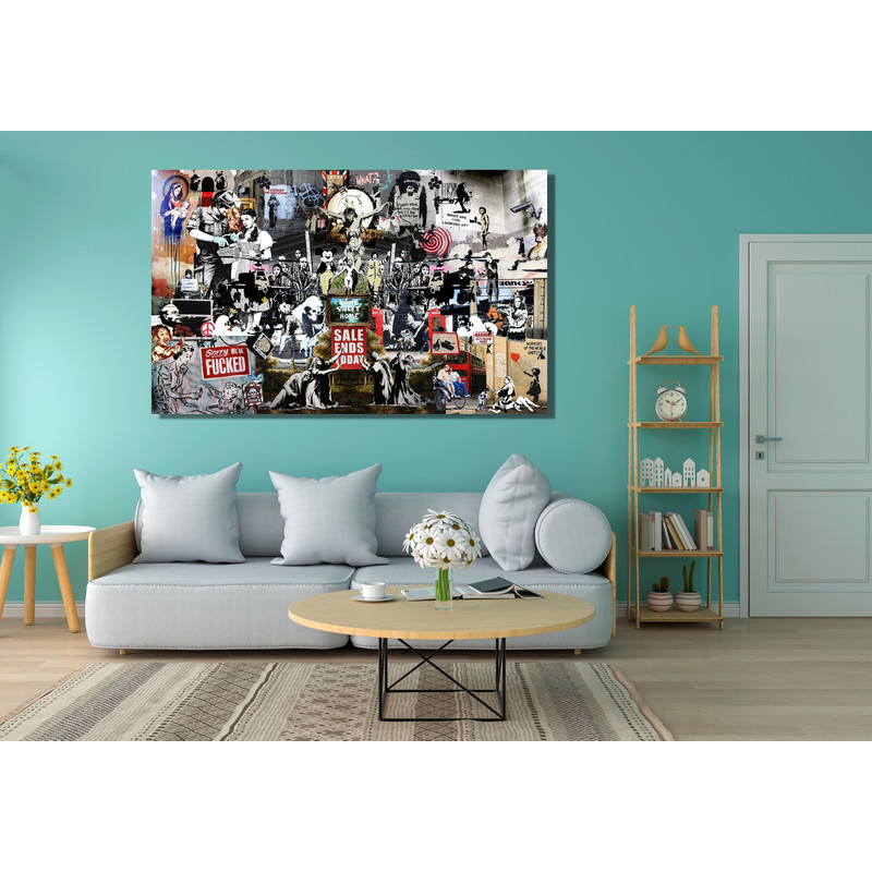 Collage of Banksy Ready To Hang Canvas, Canvas Wall Art, Graffiti Print, Banksy Street Art, Banksy Art, Banksy's Famous Artwork Poster Print.jpg