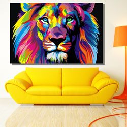 colorful abstract lion ready to hang canvas, lion wall art canvas, wall decor, home decor wall art, lion portrait colorf