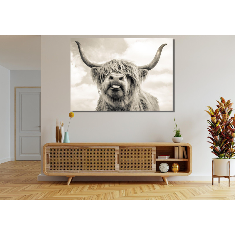 Cow With Tongue Black White Print Highland Cow Ready To Hang Canvas Print,Farmhouse Decor Rustic Wall Decor,Animals Painting Scottish Cow.jpg