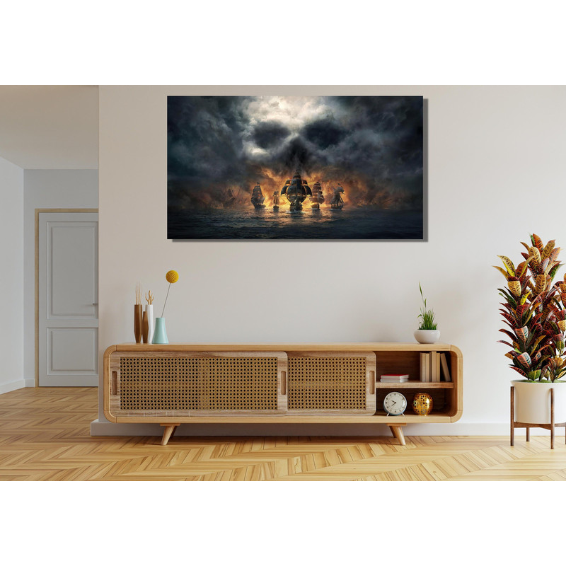 Pirate Ships Ready To Hang Canvas,Gothic Skull Art,Pirate Poster,Skull Illusion Print,Boat Ship Painting,Pirate Ship at Night For LivingRoom 1.jpg