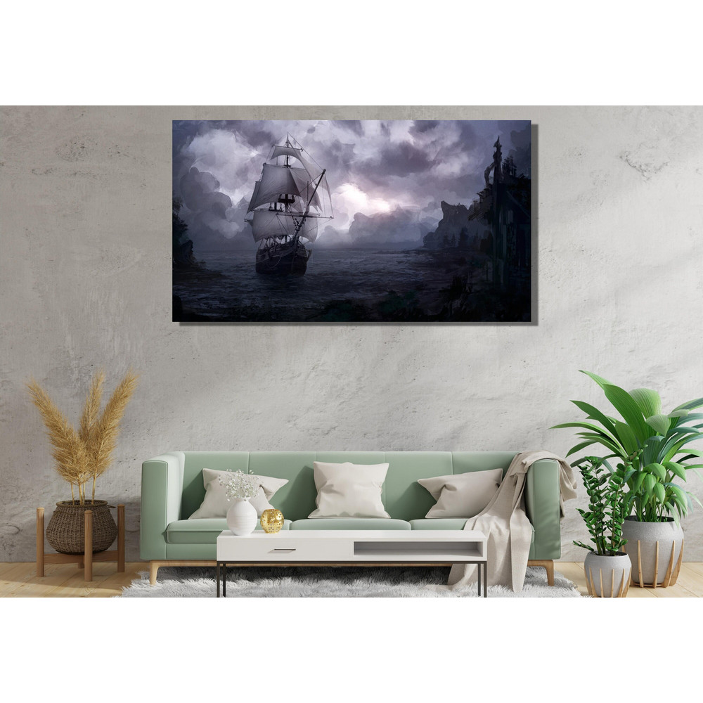 Pirate Ships Ready To Hang Canvas,Gothic Skull Art,Pirate Poster,Skull Illusion Print,Boat Ship Painting,Pirate Ship at Night For LivingRoom.jpg