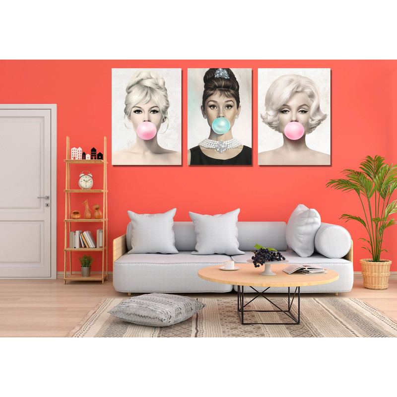 Set of 3 Lady Bubble Gum Ready To Hang Canvas, Blowing Bubble Gum Art, Brigitte Bardot,Famous Women Set, Audrey Hepburn, Bubble Gum Canvas.jpg