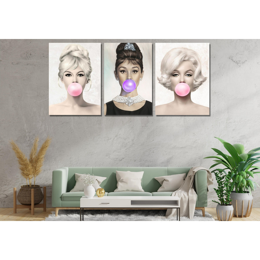 Set of 3 Lady Bubble Gum Ready To Hang Canvas, Blowing Bubble Gum Art, Brigitte Bardot, Famous women, Audrey Hepburn, Bubble Gum Canvas.jpg