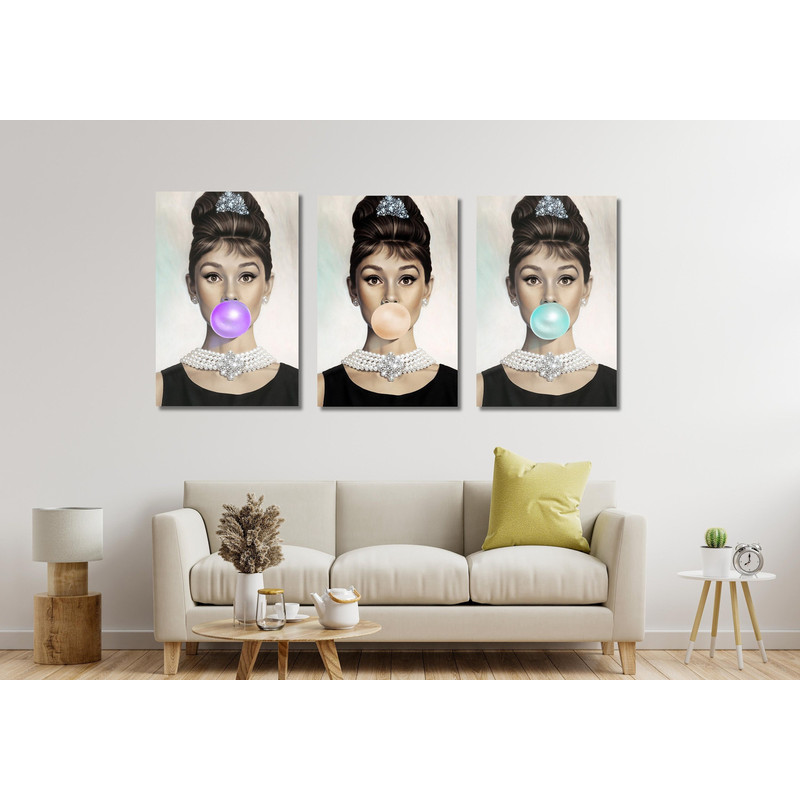 Set of 3 Lady Bubble Gum Ready To Hang Canvas,Blowing Bubble Gum Art,Set of 3 Audrey Hepburn,Bubble Gum Canvas,Blue Orange Purple Bubble Gum.jpg