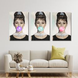 set of 3 lady bubble gum ready to hang canvas, blowing bubble gum art, set of 3 audrey hepburn,bubble gum canvas,pink bl