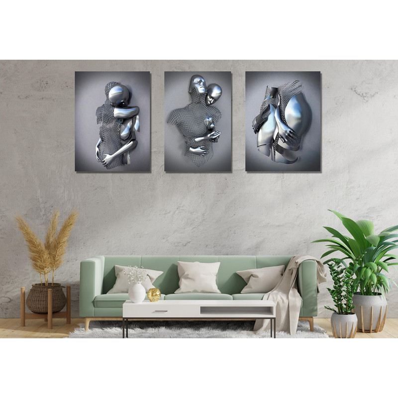Set of 3 Silver Effect Love Metallic Ready To Hang Canvas,3D Wall Art,Canvas 3D Effect,Love Heart Wall Art,Hugging Couple Painting,Kissing.jpg