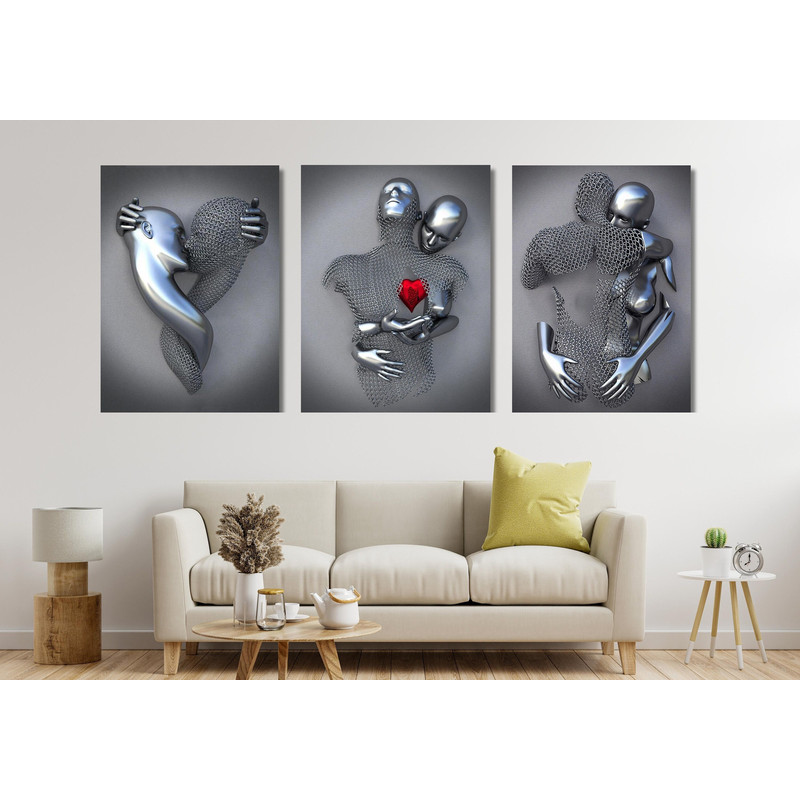 Set of 3 Silver Effect Love Red Metallic Ready To Hang Canvas,3D Wall Art,Canvas 3D Effect,Love Heart Wall Art,Hugging Couple Painting,Kiss.jpg