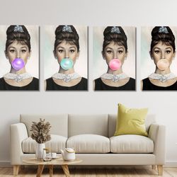 set of 4 lady bubble gum ready to hang canvas,blowing bubble gum,set of 3 audrey hepburn,bubble gum print,pink blue purp