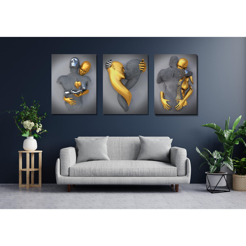 Silver Gold Set of 3 Ready To Hang Canvas,3D Wall Art,Canvas 3D Effect,Love Heart Wall Art,Hugging Couple Painting,Kissing,Effect Metallic.jpg