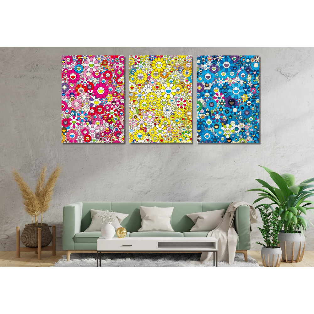 Takashi Murakami Skulls & Flowers Set of 3 Ready To Hang Canvas,Flowers and Skull Print Art Takashi Murakami Print Takashi Murakami Wall Art.jpg
