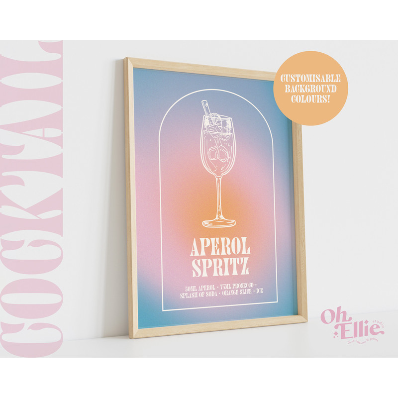 Aperol Spritz Cocktail, Custom Alcohol Print, Happy Hour, Bar Cart Print, Retro Illustration, Kitchen Decor, Cocktail Art, Drinks Print.jpg