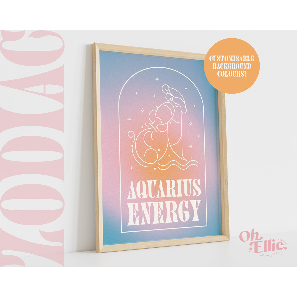 Aquarius Energy Zodiac Art Print, Astrology Poster, Star Sign Wall Art, Typographic Print, Retro Illustration, Birthday Gift, Horoscope.jpg