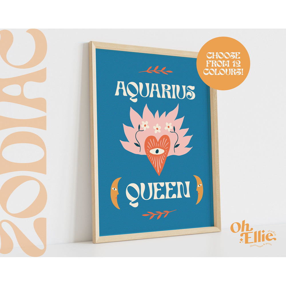 Aquarius Queen King, Zodiac Art Print, Astrology Poster, Star Sign Wall Art, Typographic Print, Retro Illustration, Energy, Horoscope Season 4.jpg