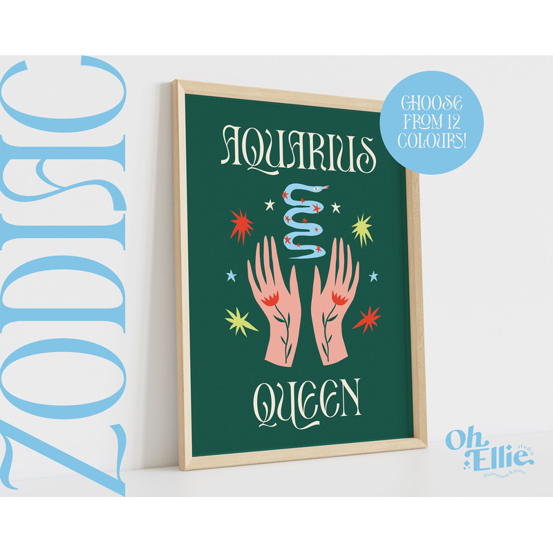 Aquarius Queen King, Zodiac Art Print, Astrology Poster, Star Sign Wall Art, Typographic Print, Retro Illustration, Energy, Horoscope Season.jpg