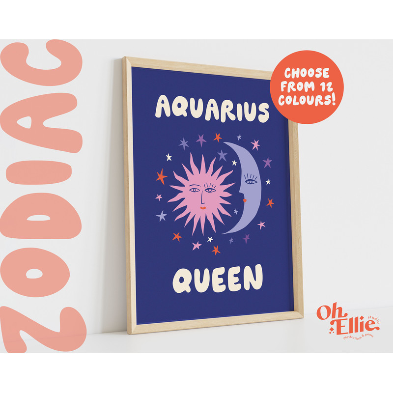 Aquarius Queen King, Zodiac Art Print, Astrology Poster, Star Sign Wall Art, Typographic Print, Retro Illustration, Energy, Horoscope Season 1.jpg