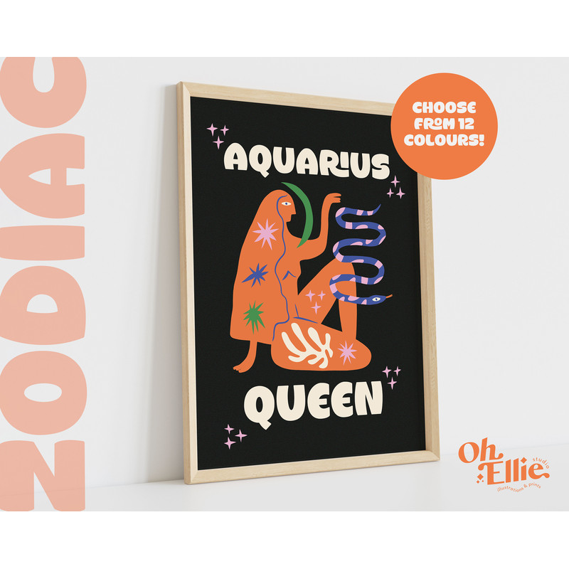 Aquarius Queen King, Zodiac Art Print, Astrology Poster, Star Sign Wall Art, Typographic Print, Retro Illustration, Energy, Horoscope Season 2.jpg