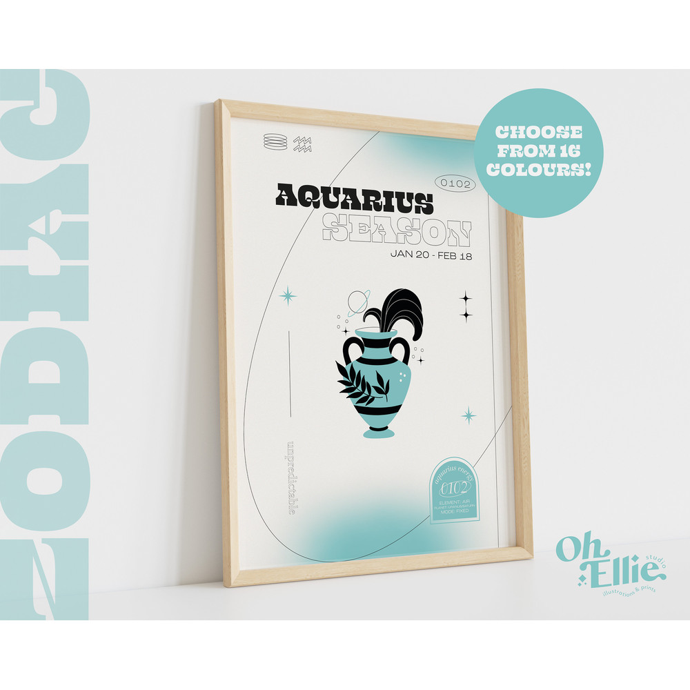 Aquarius Season Zodiac Art Print, Astrology Poster, Star Sign Wall Art, Typographic Print, Retro Illustration, Birthday Gift, Horoscope.jpg