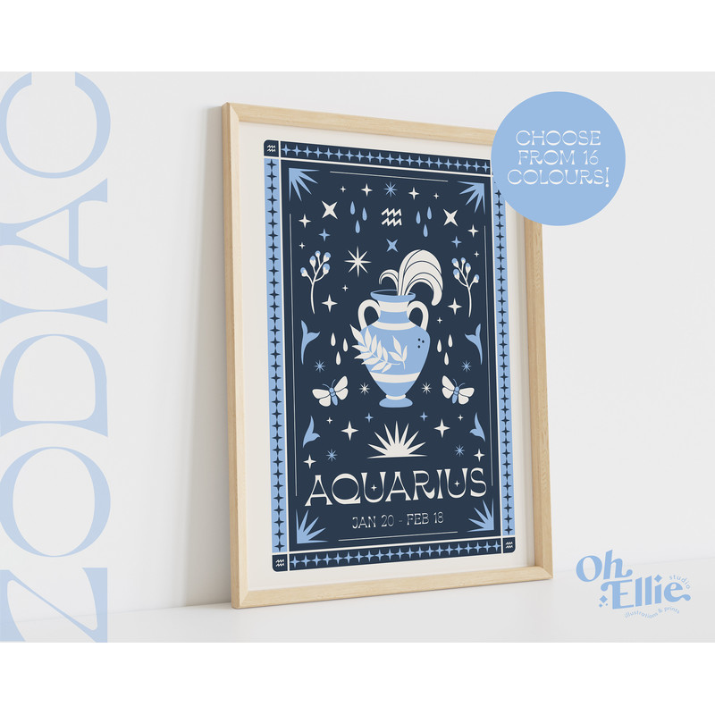 Aquarius Tarot Card Style Zodiac Print, Astrology Poster, Star Sign Wall Art, Typographic Print, Retro Illustration, Birthday Gift,Horoscope.jpg
