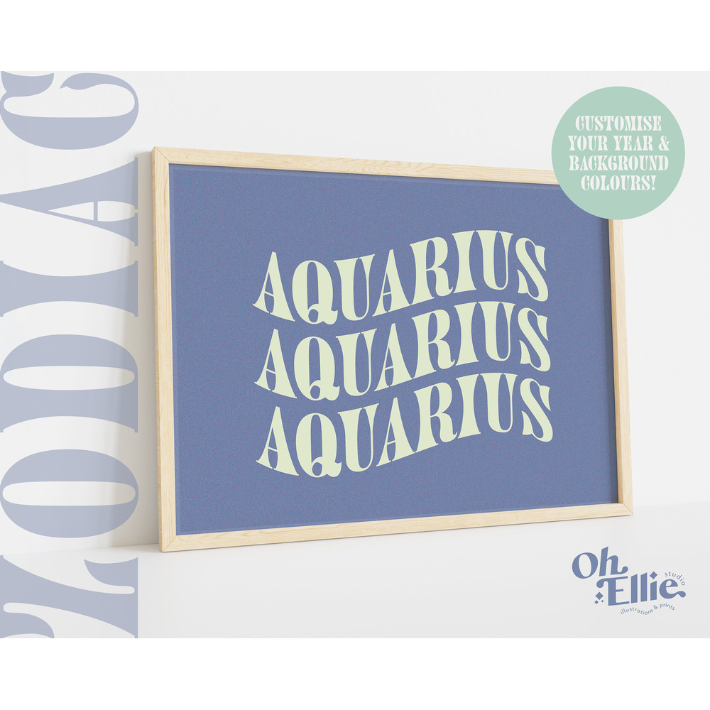Aquarius Zodiac Art Print, Astrology Poster, Zodiac Star Sign Wall Art, Typographic Print, Retro Illustration, Birthday Gift, Horoscope.jpg