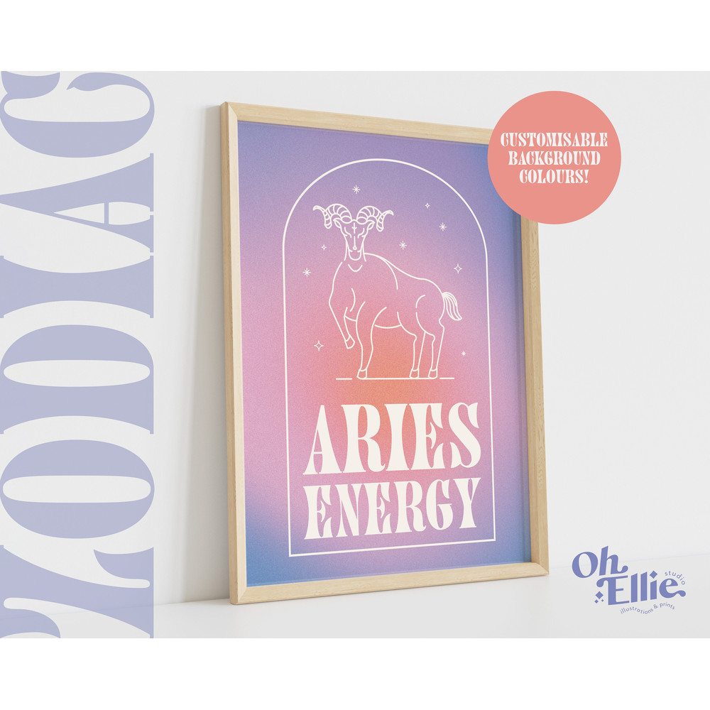 Aries Energy Zodiac Art Print, Astrology Poster, Zodiac Star Sign Wall Art, Typographic Print, Retro Illustration, Birthday Gift, Horoscope.jpg